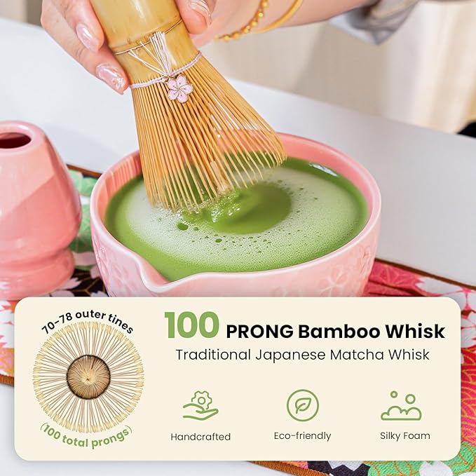 Matcha Whisk Set, Ceramic Matcha Set Includes Matcha Bowl, Whisk & Holder, Scoop, Sifter, Spoon, Scoop Rest, Tea Mat, Hand Book - 9 Pcs Kit for Matcha Lovers (Pink)