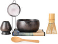Japanese Matcha Whisk Set - 6-Piece Kit with Bamboo Chasen, Matcha Ceramic Bowl with Spout, Stainless Steel Sifter Gold Black