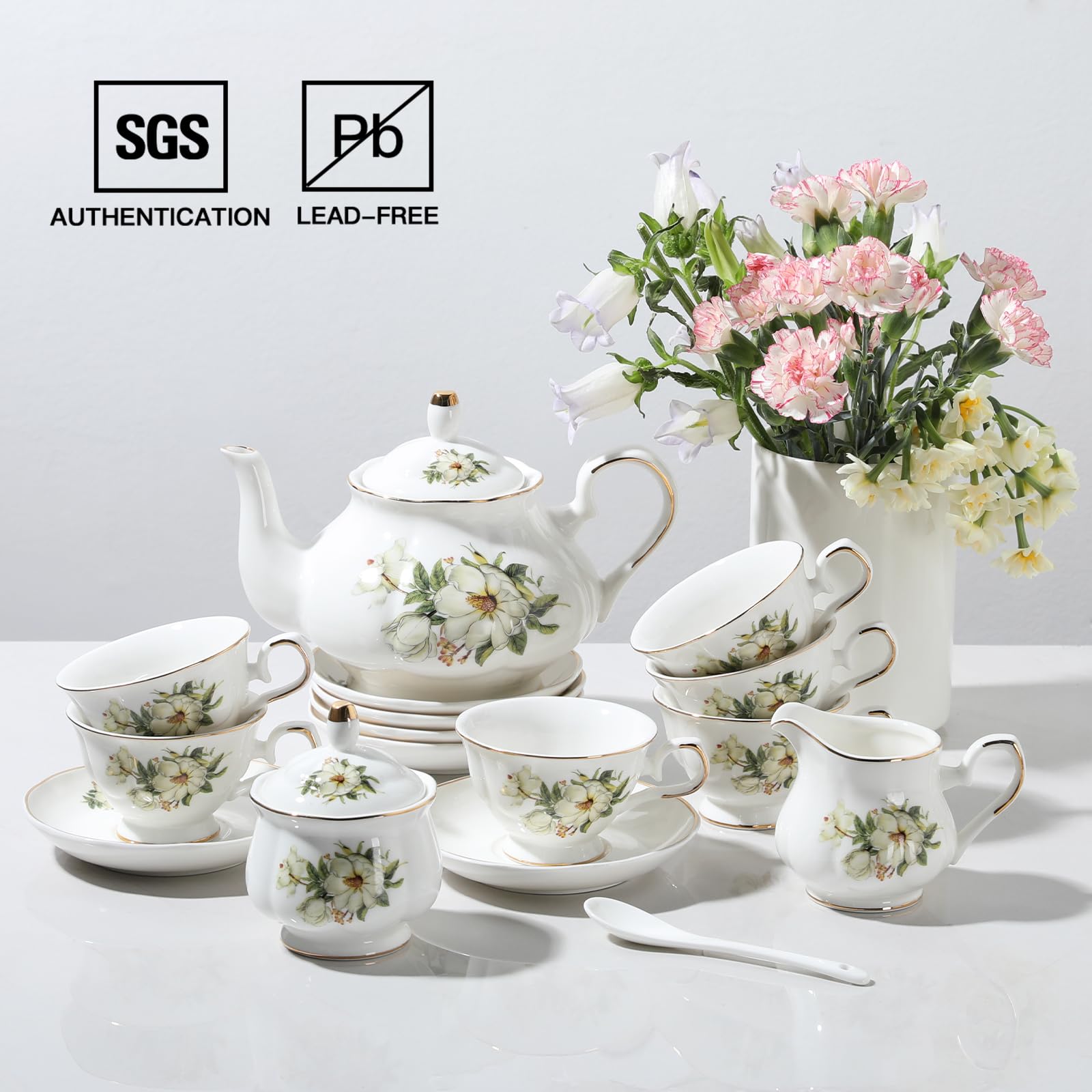 Sweejar Ceramic Teapot with Infuser, Floral Relief Gold Rimmed Teapot, 29 OZ Porcelain Tea Pot for Blooming and Loose Tea, Coffee...(Camellia)