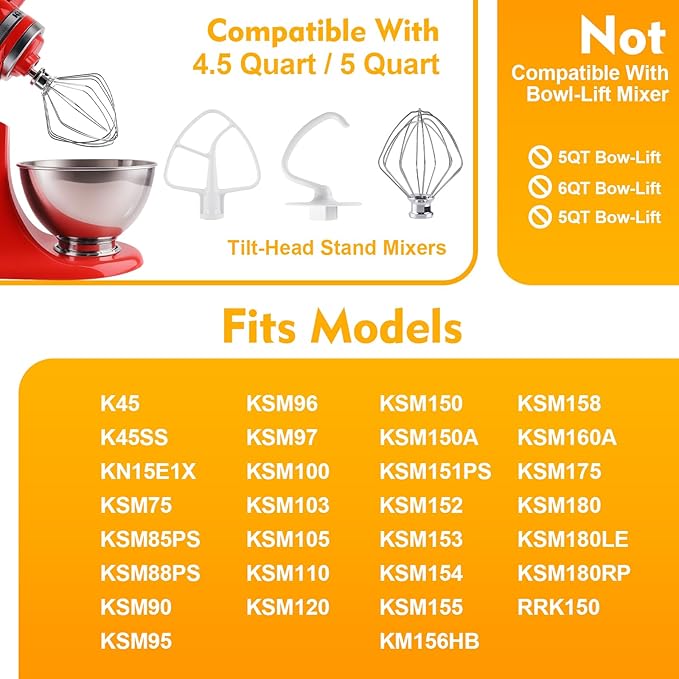 3-Piece Kit Attachments for KitchenAid Tilt-Head Stand Mixer, Accessories Stainless Steel K45WW Wire Whip, K45DH Dough Hook and K45B Coated Flat Blade Paddle with Scraper