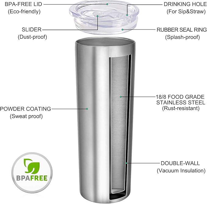 VEGOND Stainless Steel Skinny Tumbler, 20 oz Vacuum Insulated Tumbler with Lid and Straw, Double Wall Coffee Cup, Travel Mug for Cold Hot Drinks, Stainless Steel 1 Pack
