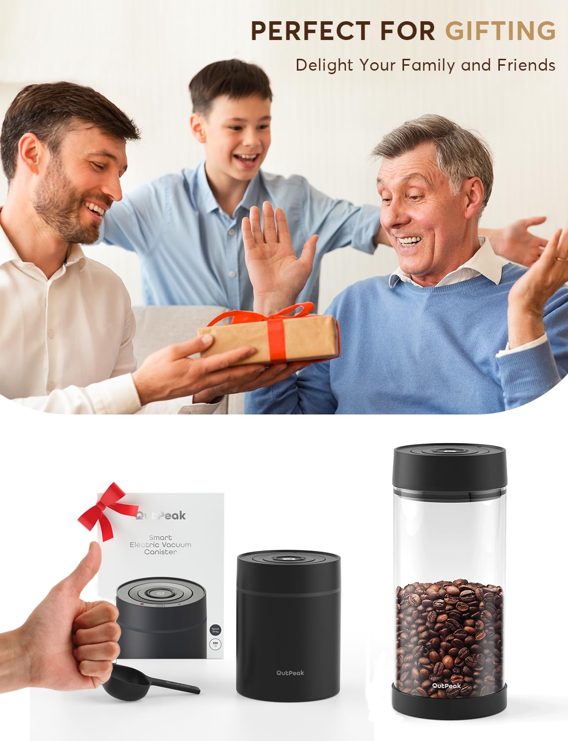 OUTPEAK Neo Latest Vacuum Coffee Canister, 0.5L for 4.6oz Coffee Beans, One-Button Operation, Small Airtight Coffee Canister with Scoop, Coffee Storage Container Stainless Steel (Champion's Choice)