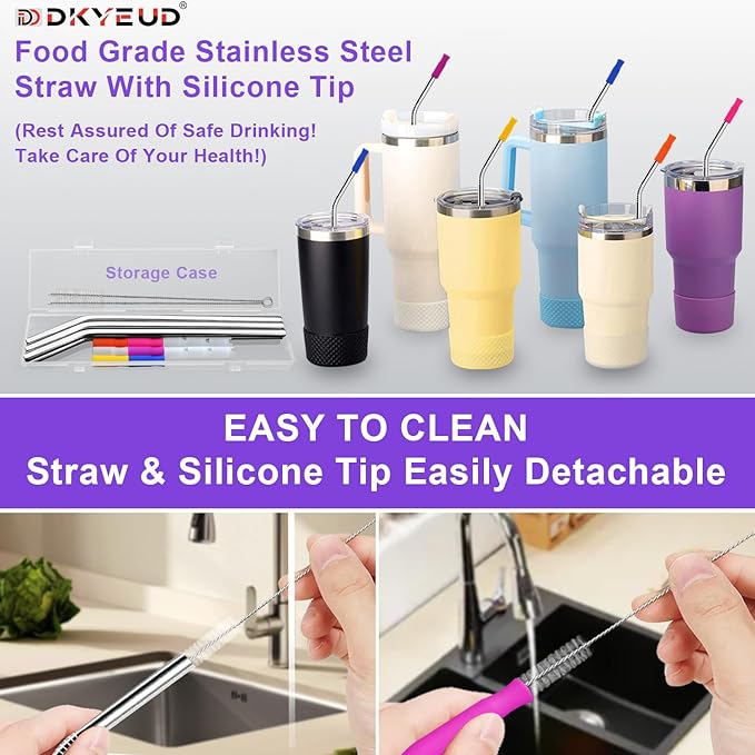 Newly Upgraded 10.5In Metal Straws Reusable Set 6 PCS with12 Silicone Accessories, 2 Straw Brush, 1 Storage Case, BPA Free, Eco-Friendly Stainless Steel Straws for 14, 20, 30,40 oz Tumbler