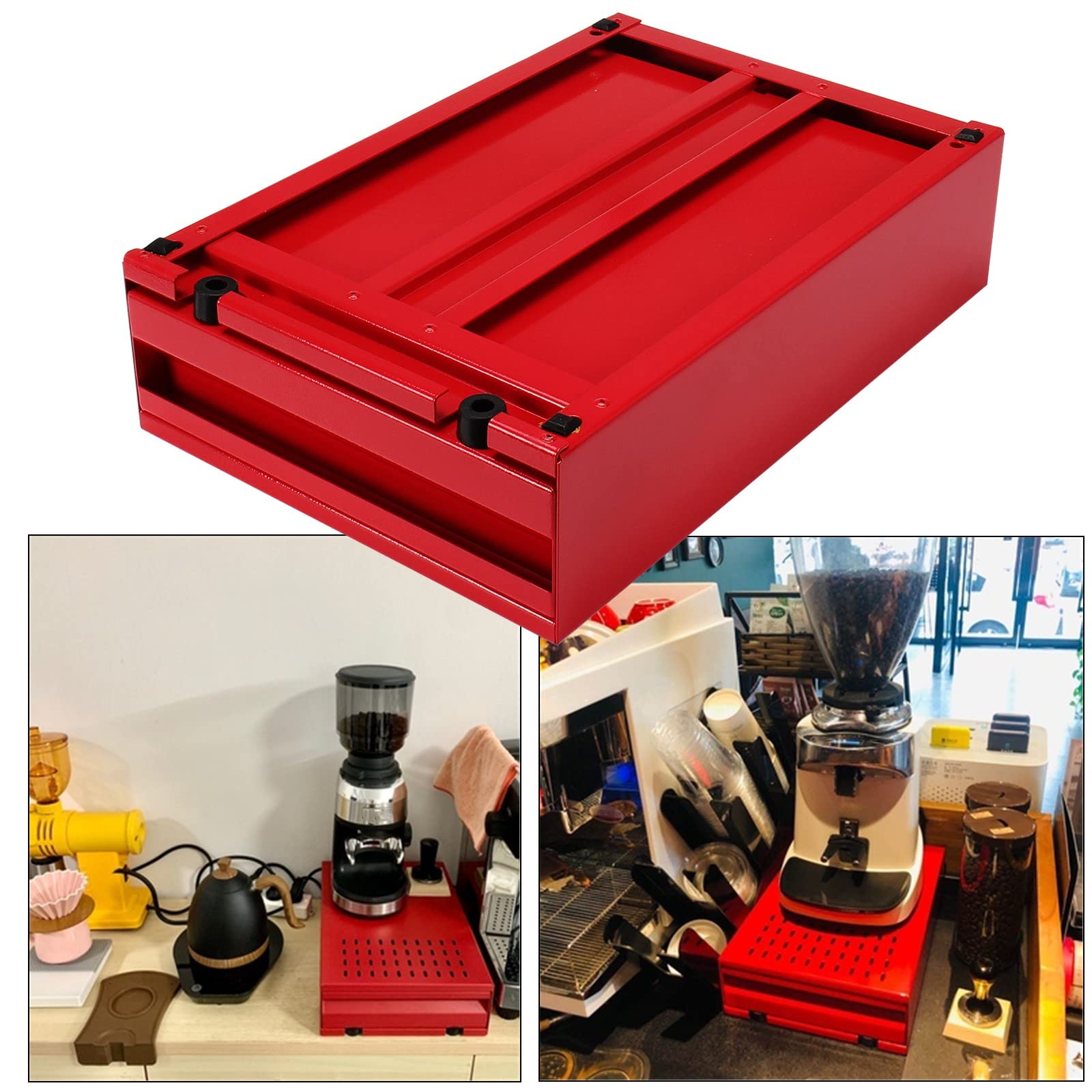 DIBTSA Large Size Espresso Coffee Knock Box Drawer, Stainless Steel Pull-Out Style Coffee Grounds Powder Container Bin for Cafes Restaurant Home Bar, 14.96 x 10.03 x 3.93 inch (Red)