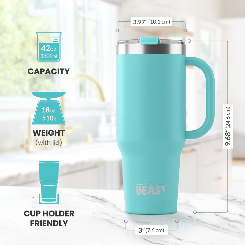 Beast 42 oz Tumbler with Handle Stainless Steel Vacuum Insulated Coffee Ice Cup Double Wall Travel Flask (Aquamarine Blue)