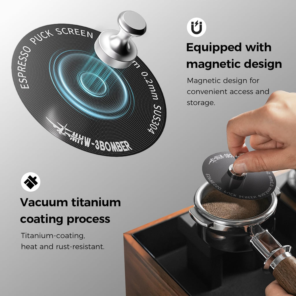 MHW-3BOMBER 58mm Espresso Puck Screen - 0.2mm Ultra Thin Espresso Puck - Metal Reusable Coffee Filter for Portafilter Basket 58mm - Puck Screen with Titanium Coating FG5642-OS