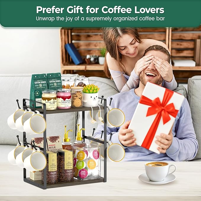 EsLuker.ly Coffee Station Bar Organizer Mug Holder Stand Countertop, 2 Tier Mug Cup Tree Rack for Kitchen Office, Storage Shelf with 12 Hooks, Creat Stylish Coffee Corner, Brown-Black