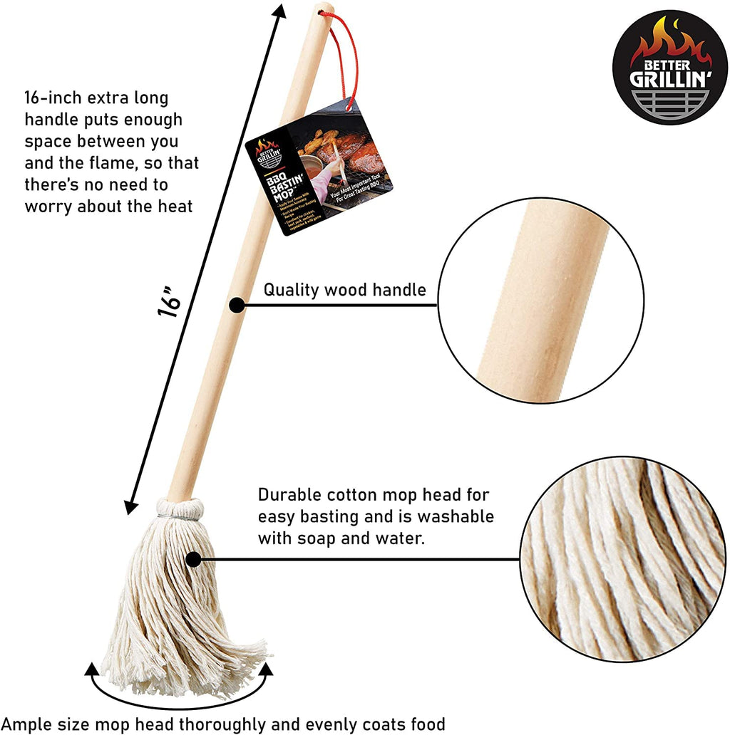 BETTER GRILLIN' BBQ Bastin Mop Basting Barbecue Brush/Mop Easily Applies Marinades, Sauces, Washes Out, 16in Handle, 1pk