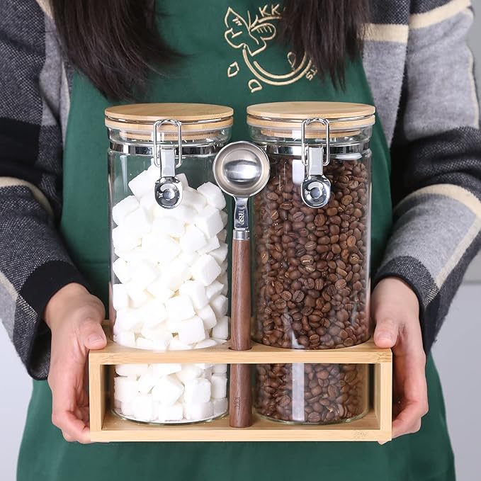 KKC Airtight Tall Glass Coffee Sugar Jar Canisters with Hinged Lids for Countertop,Glass Storage Containers with Scoop for Coffee Grind,Brown Sugar Flour Sealed Glass Jars,54 Fl oz