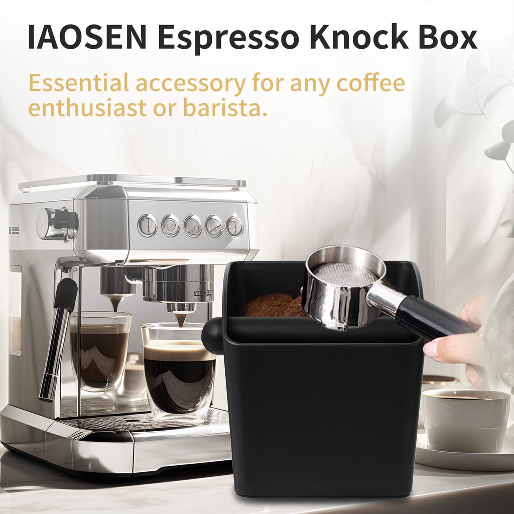 IAOSEN Large Square Knock Box Shock-absorbent Knock Box Espresso with Removable Knock Bar and Non-Slip Base Espresso Accessories for Home/Office (Large Black Knock Box)