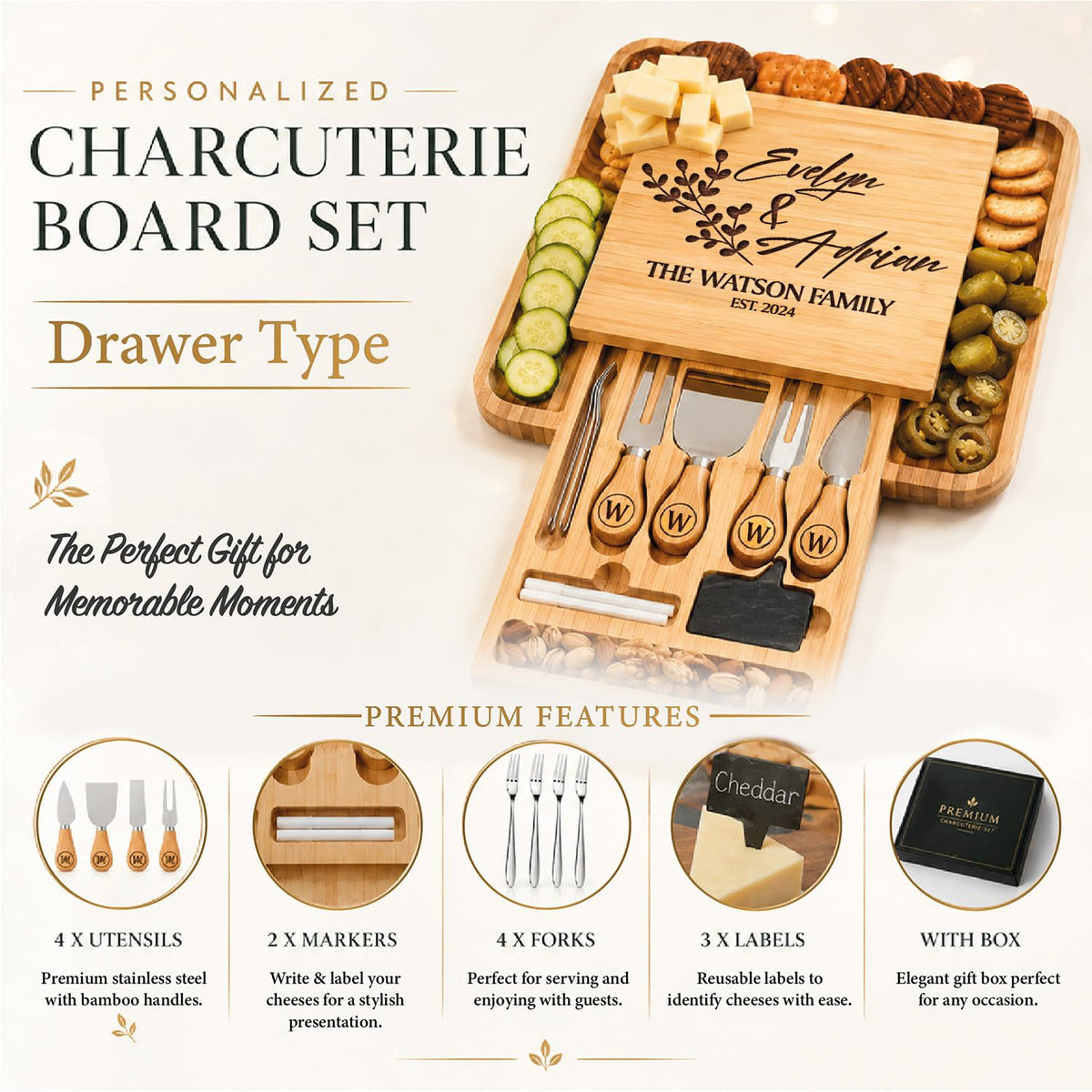 Personalized Charcuterie Board Gifts Set, Custom Large Cheese Board, Charcuterie Board for Wedding, Anniversary, Birthday, Housewarming, Engagement, Party, New Home Gift Couple, Fathers Day, Christmas