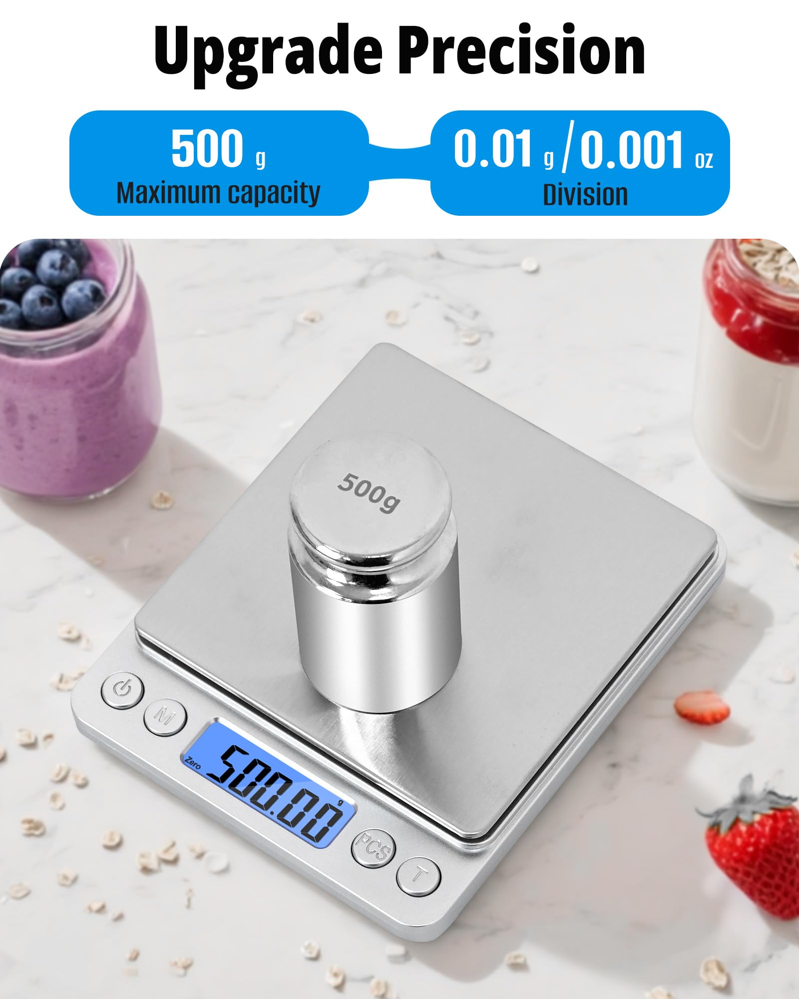 NEXT-SHINE Gram Scale 500g x 0.01g Precision, Digital Mini Pocket Size Portable Scale with Two Trays Nine Units, LCD Display Stainless Steel Platform for Weighing Jewelry Cooking Baking