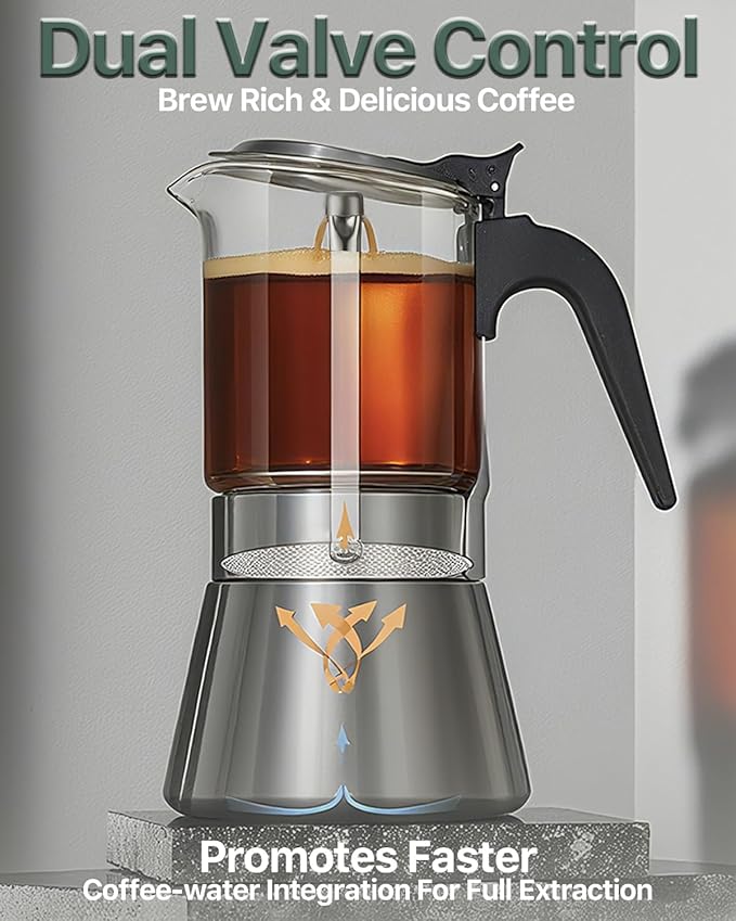Grasseed Stainless Steel Moka Pot, Crystal Glass-top Coffee Maker Mocha Pot, Italian Stovetop Espresso Maker for Coffee - 9 Cup/360ml