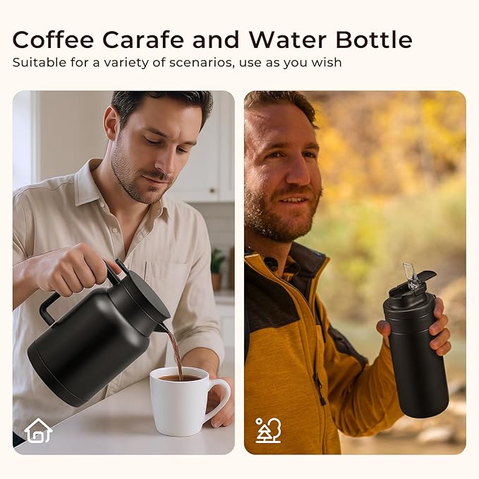 JXXM 2 Pack 49oz Thermal Coffee Carafe and 15oz Insulated Water Bottle, Stainless Steel Vacuum Thermal Carafes and Water Bottle for Keeping Coffee, Tea, Water - Keep 12 Hours Hot, 24 Hours Cold