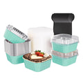Ksmxos 25 Pack Square Mini Cake Pans with Lids,Mini Loaf Pans with Lids,Aluminum Foil Baking Cups,Disposable Ramekins Cupcake Cups,Dessert Cups for Wedding Birthday Party Picnics,5oz (Blue)