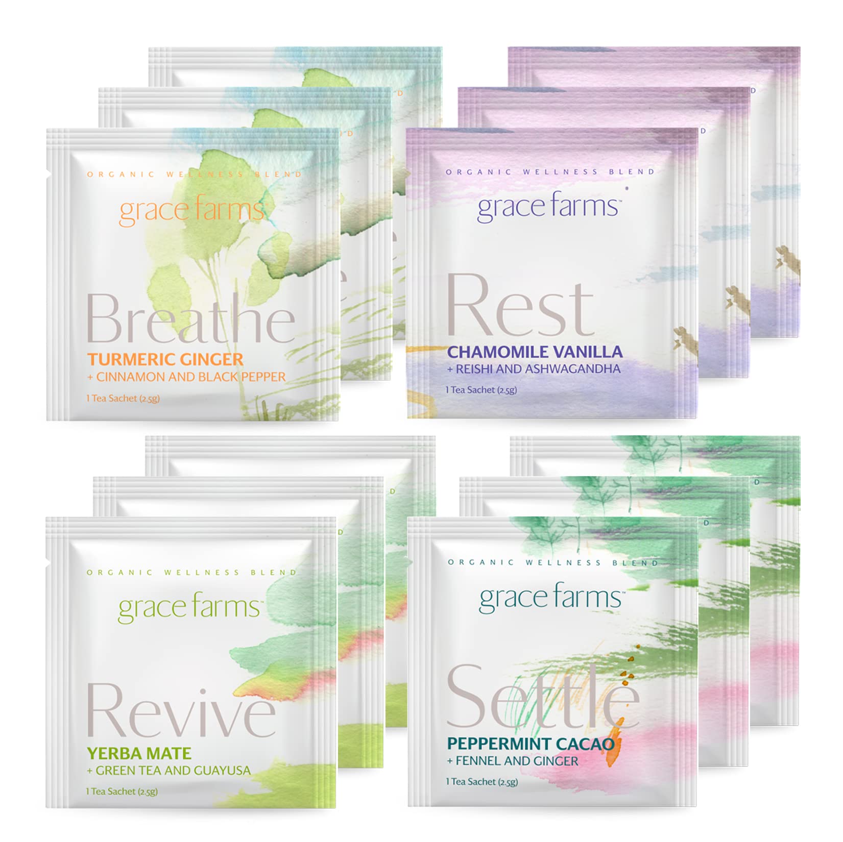 Grace Farms Wellness Organic Tea Blend Variety Box (12 Enveloped Sachets) | 4 Wellness Tea Variety | 3 Sachets of Each Tea With Adaptogens | Fairtrade & Kosher | Gives Back 100% of Profits