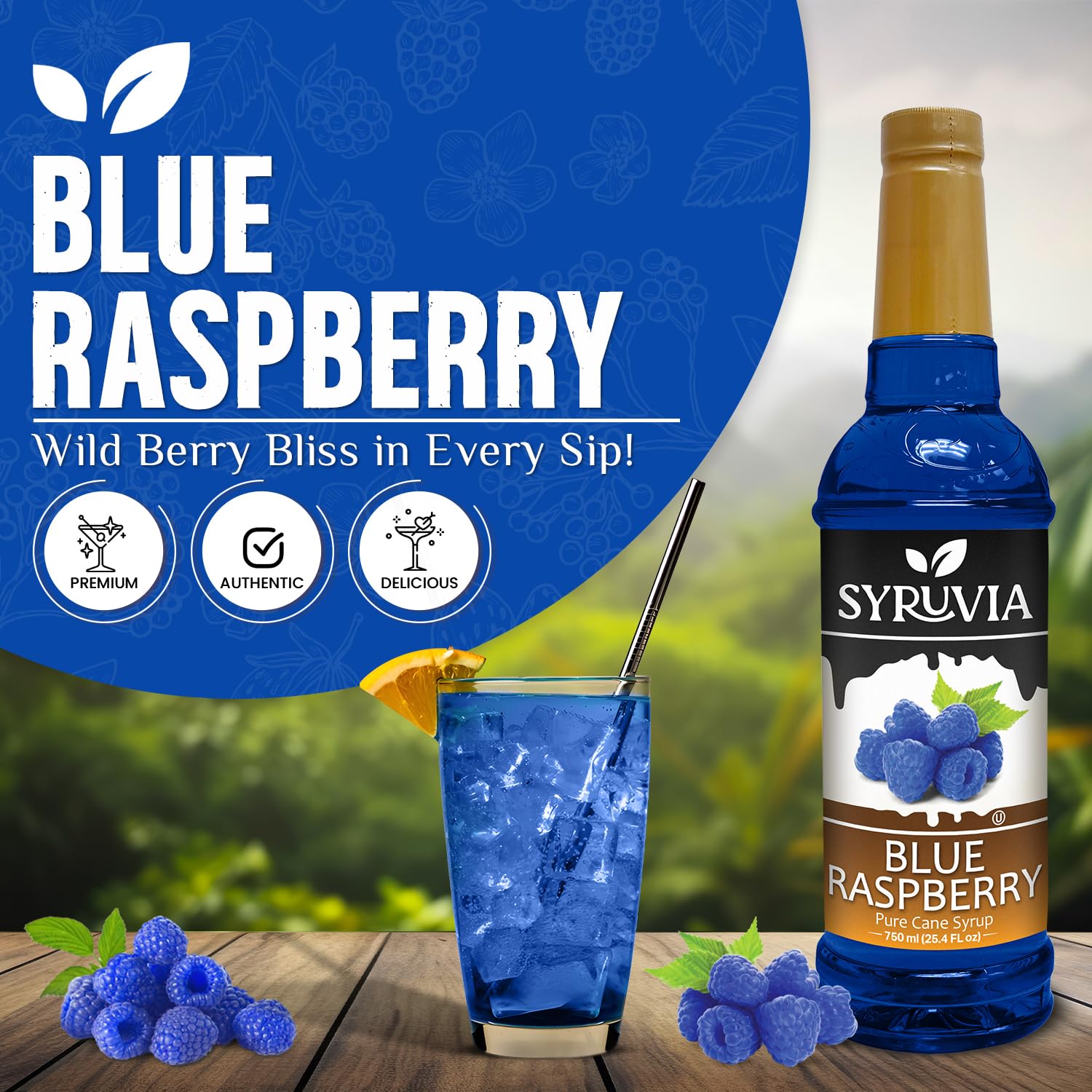 Syruvia Blue Raspberry Syrup, Flavored Syrup for Cocktails, Fruit Drinks, Lemonades, and Desserts – 25.4 fl oz