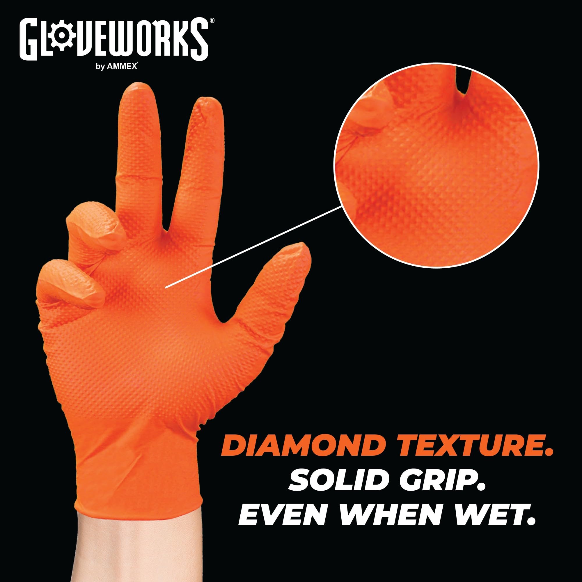 GLOVEWORKS Orange Nitrile Work Gloves, 8 Mil Disposable Heavy Duty, Raised Diamond Grip Mechanic Glove, Small, Case of 1000