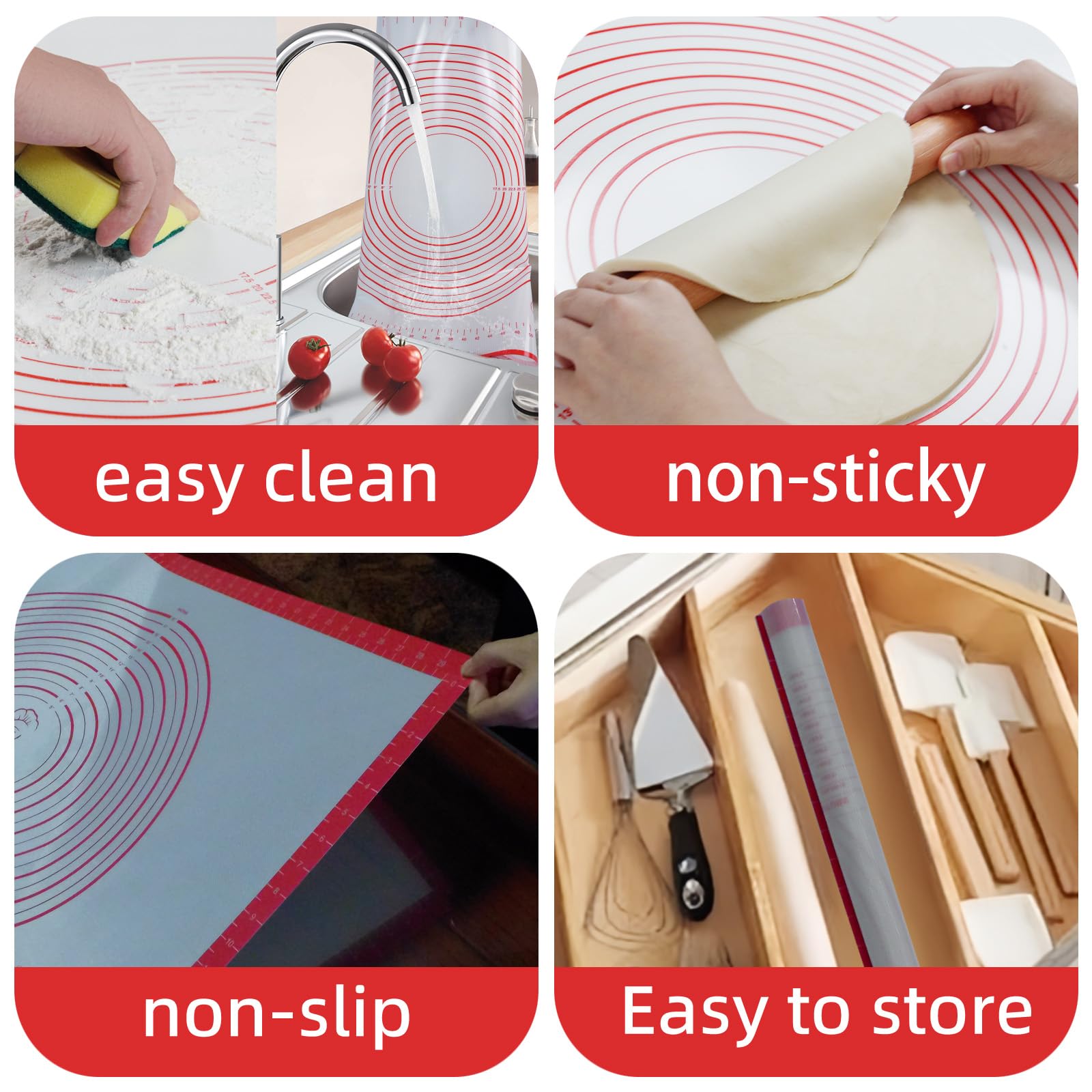 Silicone Pastry Mat Dough Baking Bread Sourdough Fondant Pie Dough Pizza,Silicone Baking Mat Cookie Sheet for Kitchen Counter with Measurements 28x20" Red