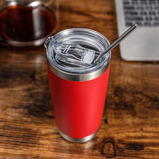 COMOOO 20oz Double Wall Vacuum Insulated Travel Mug, Stainless Steel Tumbler with Lid and Straw Durable Powder Coated Insulated Coffee Cup for Cold & Hot Drinks (Red, 2 pack