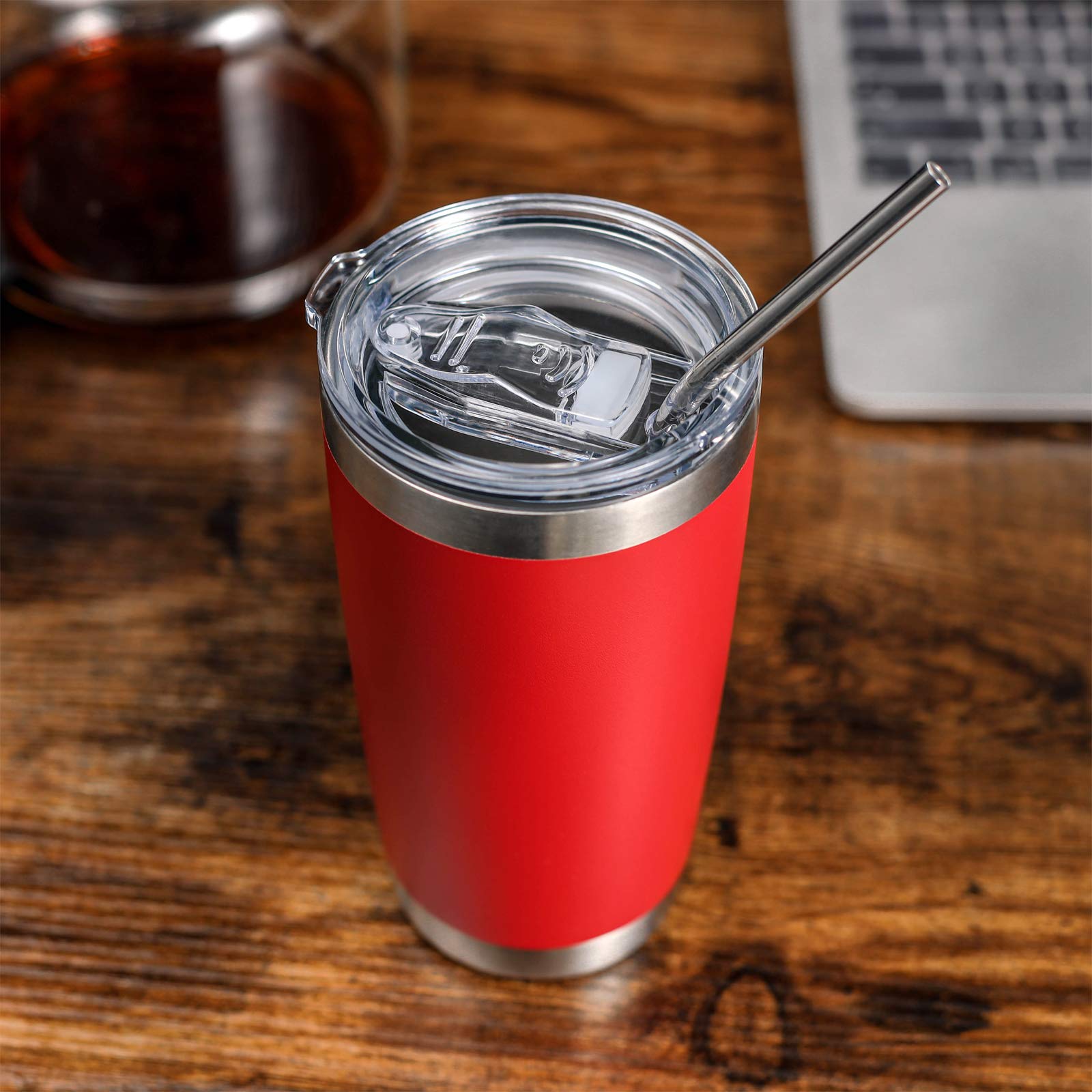 COMOOO 20oz Double Wall Vacuum Insulated Travel Mug, Stainless Steel Tumbler with Lid and Straw Durable Powder Coated Insulated Coffee Cup for Cold & Hot Drinks (Red, 4 PACK)