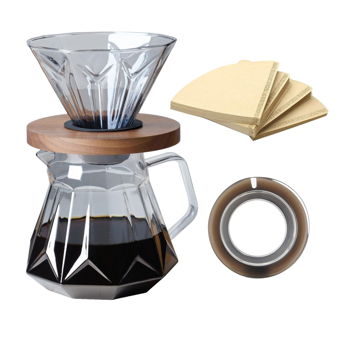 COSETOOR Pour Over Coffee Maker Set, 21 oz/620ml Glass Pour Over Coffee Dripper Filter Coffee Maker Kit Manual Grinder with Walnut Handle for Home Office Cafe Restaurant Camping (Grey)