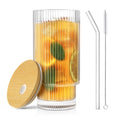 CWHHRN 16 OZ Glass Cup with Lid and Straw, Vintage Ribbed Glassware for Whiskey Cocktail Beer, Iced Coffee Cups with Lid, Glass Tumbler with Straw and Lid (1 PACK)