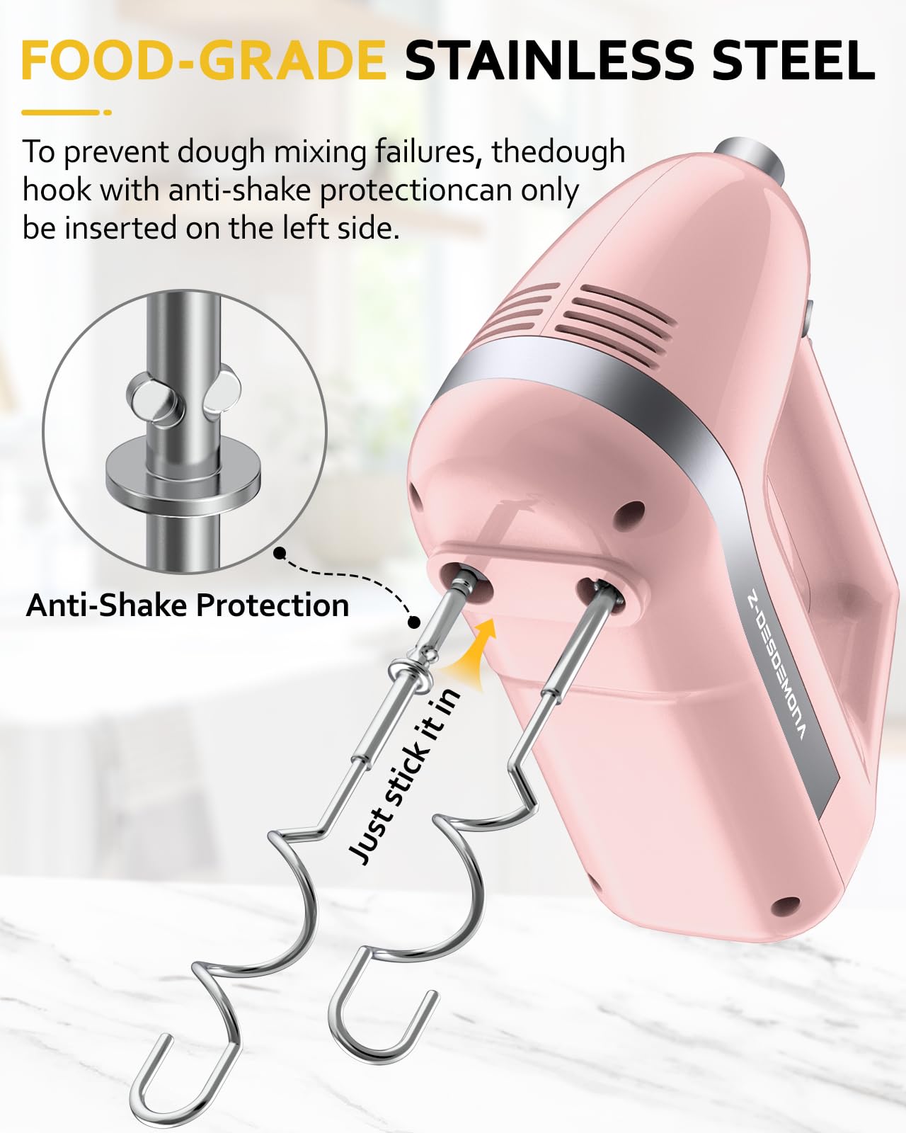 Z-DESDEMONA Electric Hand Mixer, Powerful Hand Mixer Electric Handheld with 304 Beaters, Dough Hook, Whisk, Hand Held Mixer with Turbo for Baking Cakes, Eggs, Cream Food(Pink)