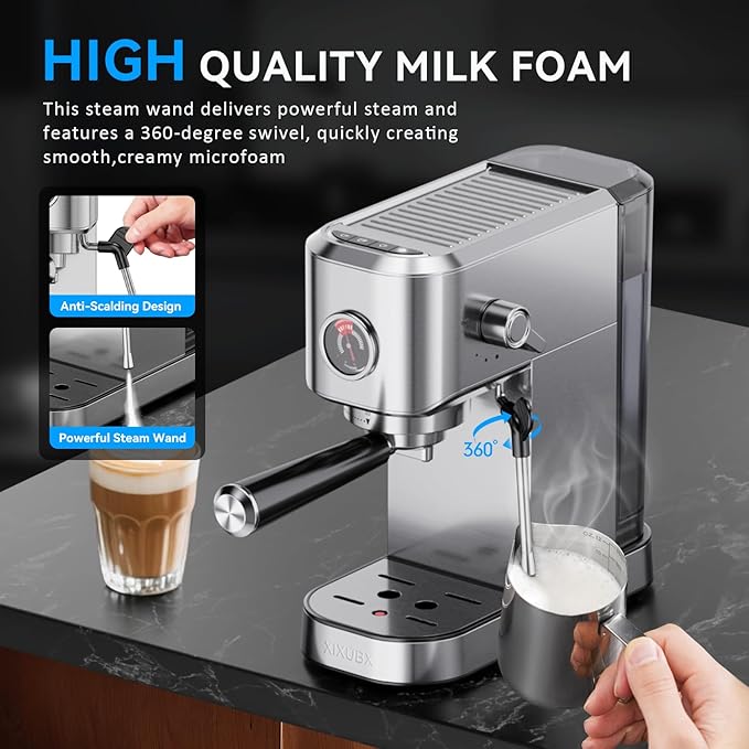 20Bar Espresso Machine, Compact Espresso Maker with Milk Frother, Stainless Steel Coffee Machine for Cappuccino&Latte, 42oz Water Tank, Visible Pressure Gauge, Home&Office, Silver
