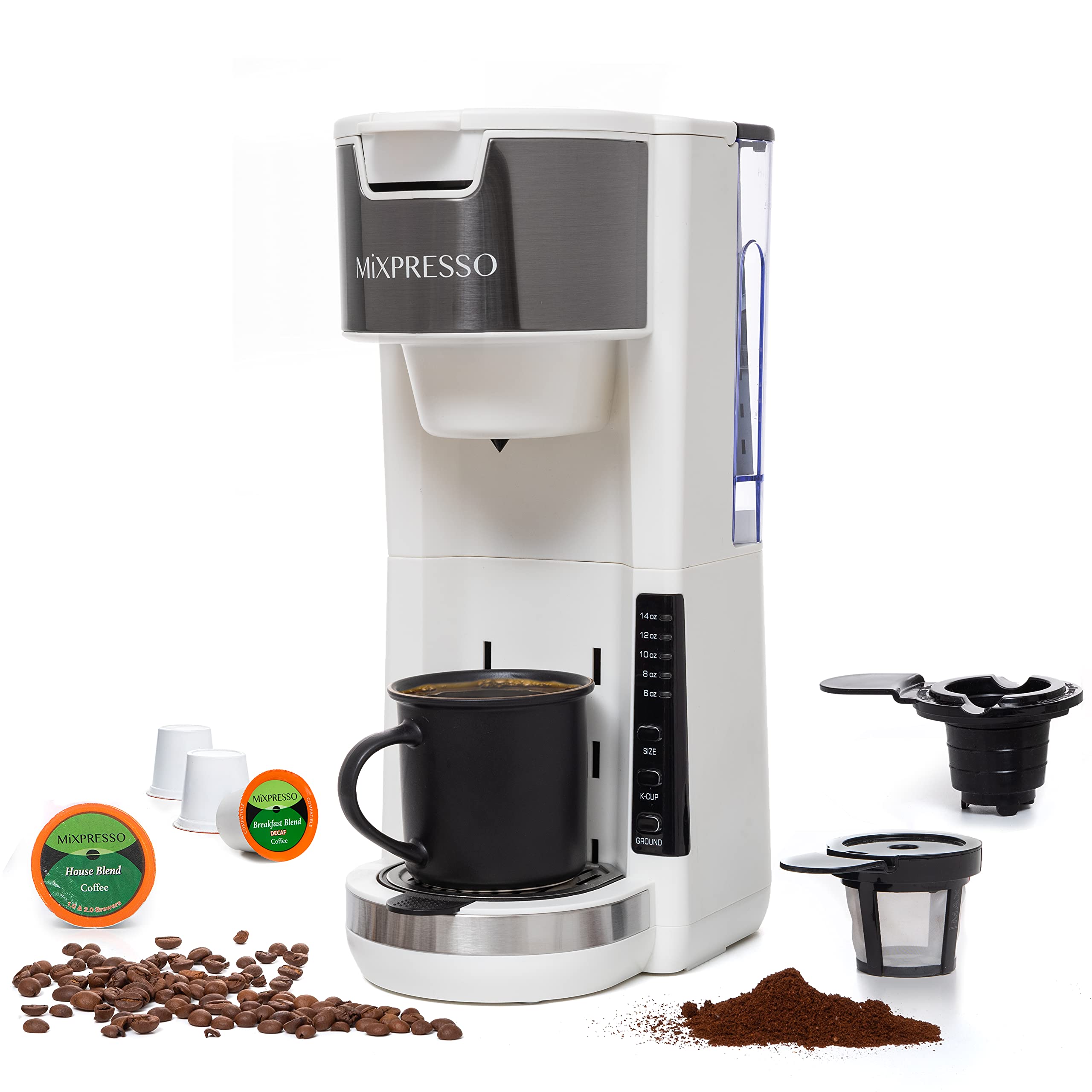 Mixpresso White Single Serve Coffee Brewer K-Cup Pods Compatible & Ground