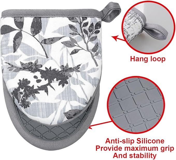Mini Silicone Oven Mitts, Heat and Slip Resistant Kitchen Mittens 2-Pack Set, Foliage Flower Soft Short Oven Gloves, Flexible Thick Pot Holders for Safe Cooking Baking and Grilling (Grayish)