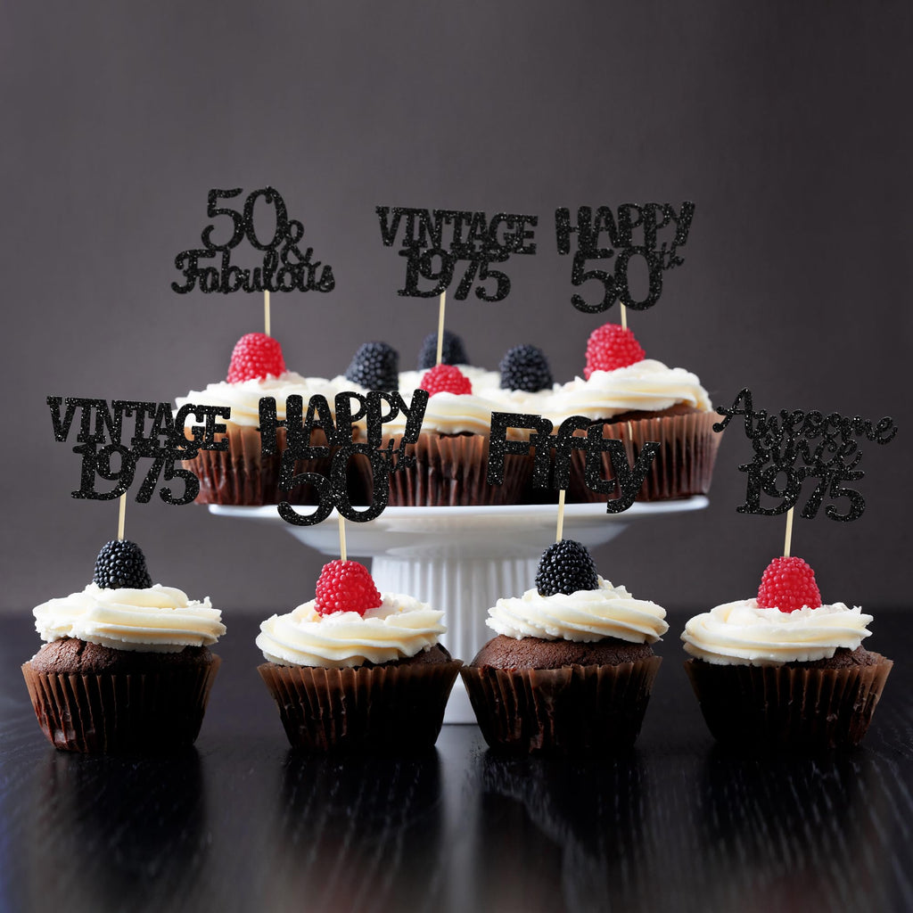 Gyufise 30Pcs Vintage 1975 Cupcake Toppers 50th Birthday Cake Decorations Cheers to 50 Fabulous Fifty Cupcake Picks 50th Birthday Wedding Anniversary Party Cake Decorations Supplies Black