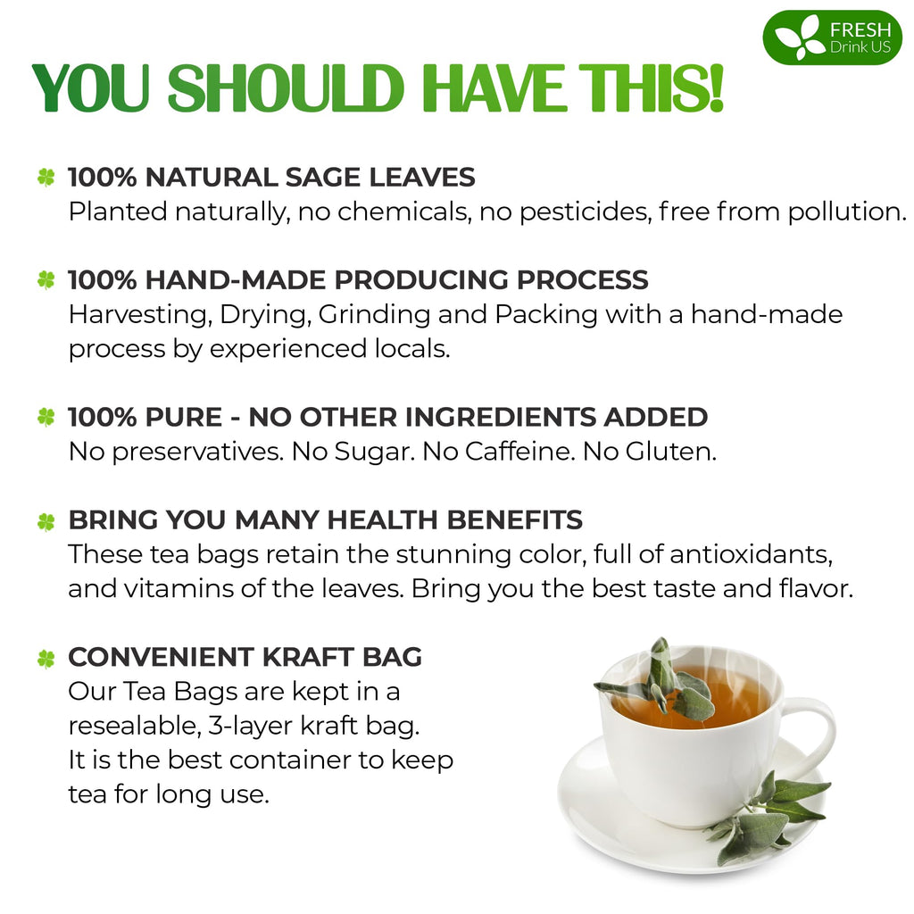 FreshDrinkUS, Premium 35 Sage Leaf Tea Bags, 100% Natural & Pure. Loose Leaf Herbal Tea. Made with Eco-Conscious Tea Bags. No Sugar, No Caffeine, No Gluten, Vegan.