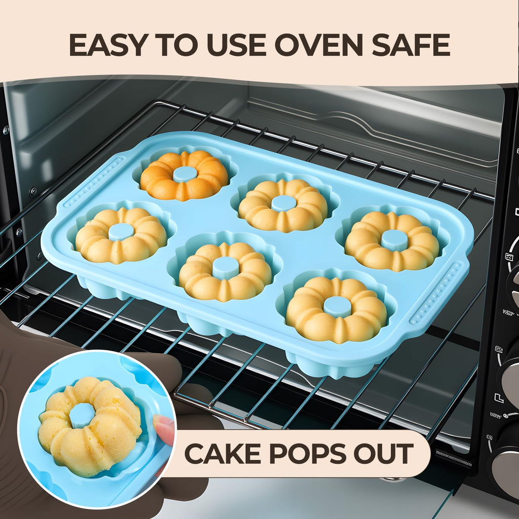 FUNBAKY Mini Fluted Tube Cake Pans for Baking with Metal Reinforced Frame, 2Pcs Silicone 6-Cavity Mini Flan Molds, Nonstick Baking Mold for Cupcake, Brownie, Donuts, Cornbread, Jello
