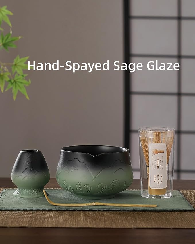 ZENS Matcha Whisk Set, 15oz Ceramic Matcha Set with Bowl and Bamboo Whisk, Scoop, (Chasen Holder) -Tea Towel, 5pcs Matcha Kit for Matcha Lovers, Sage Green
