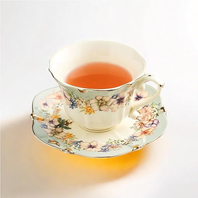 TATSUMI Country Roses Bone China Tea Cup and Saucer Set, 3 Pieces, Vintage Style, For Women and Tea Parties(Dutch Blue,1 Set)