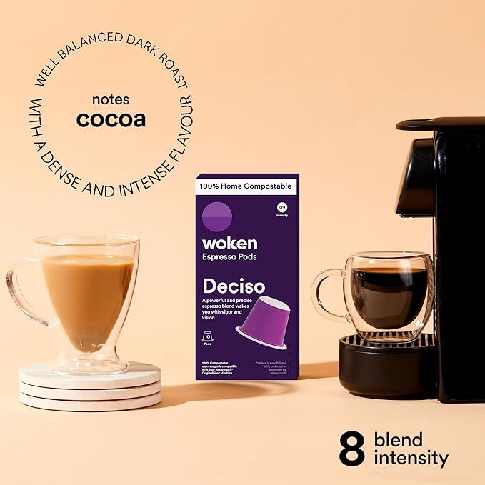 WOKEN COFFEE Compostable Nespresso Pods - Deciso Dark Roast Italian Espresso Coffee Capsules Compatible With Nespresso Coffee Machine (60 Pod Count, 6 Boxes)