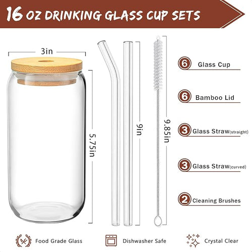 16 Oz Drinking Glasses - 6 Pcs Glass Cups with Bamboo Lids and Straws