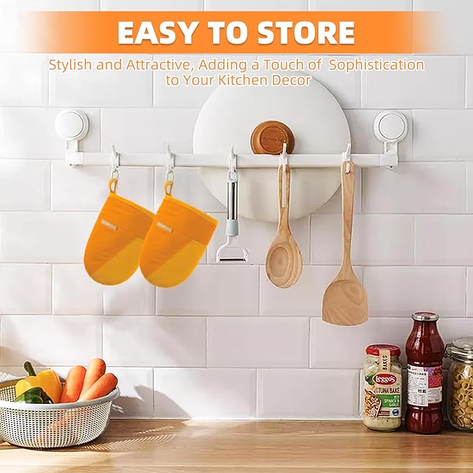 Mini Oven Mitts, Kitchen Oven Gloves Kitchen Mittens 500 Degrees Heat Resistant Baking Gloves, Non-Slip Silicone Surface with Hanging Loops Hot Gloves for Cooking, Baking, BBQ 1 Pair-Orange