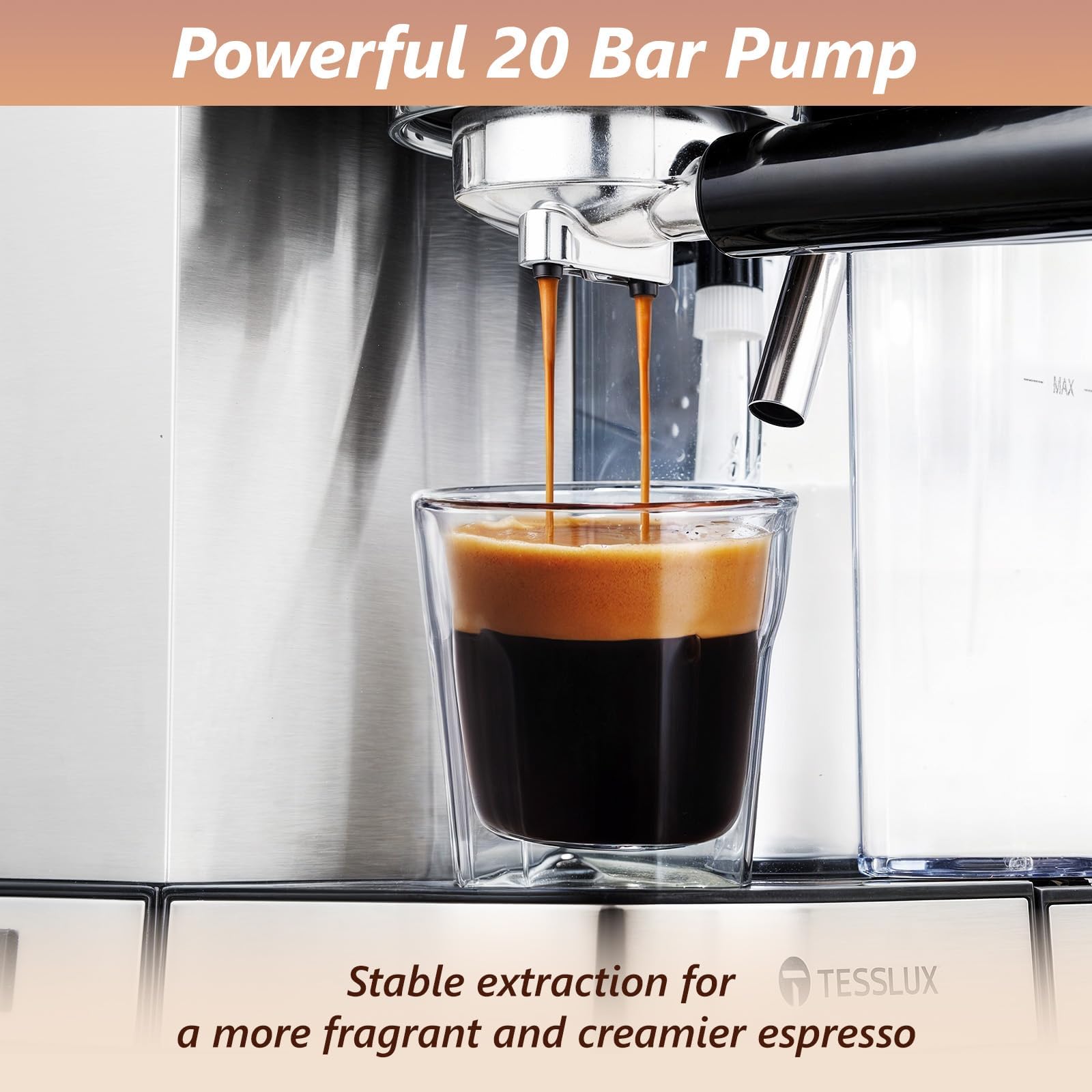 tesslux Espresso and Cappuccino Machine, 20 Bar Dual Boiler Latte Maker with Touch Control & Digital Temperature Display, Compact Coffee Machine for Home, Automatic Milk Frother