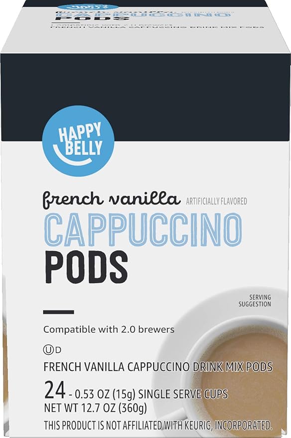 Amazon Brand - Happy Belly Cappuccino Coffee Pods Light Roast Compatible with 2.0 K-Cup Brewers, French Vanilla Flavored, 24 Count, 1.5 pound (Pack of 2)