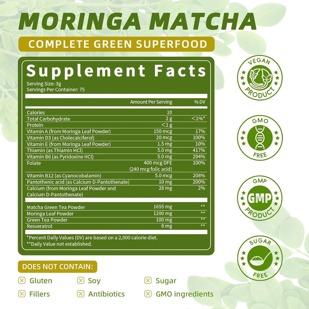 Matcha Powder – Superfood Blend with Moringa & Green Tea & Resveratrol, Energy & Focus Support, Immune & Antioxidant Defense, Vegan, Gluten-Free, 8oz