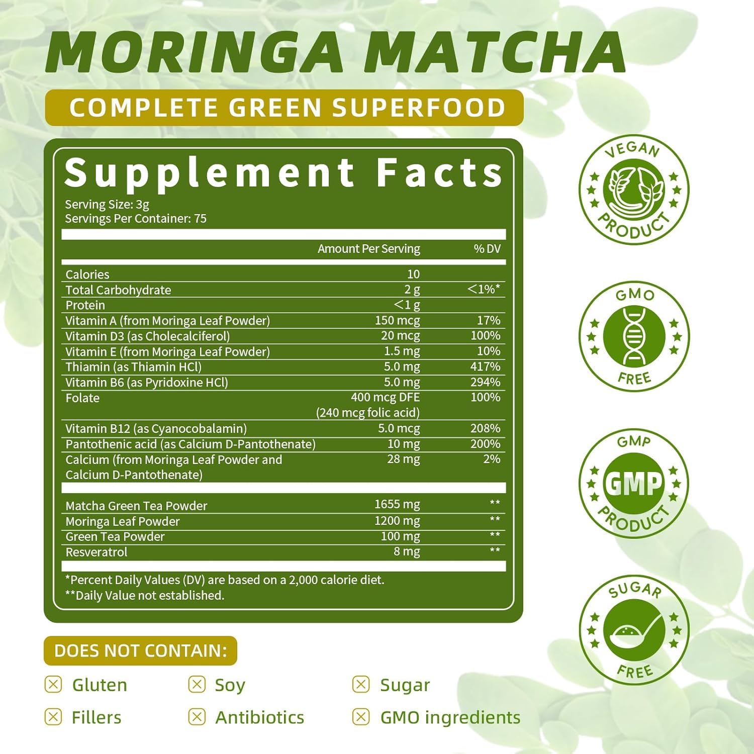 Matcha Powder – Superfood Blend with Moringa & Green Tea & Resveratrol, Energy & Focus Support, Immune & Antioxidant Defense, Vegan, Gluten-Free, 8oz