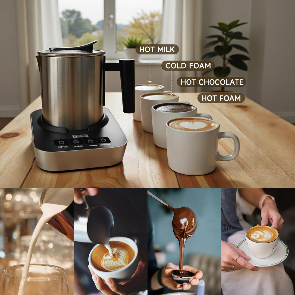 FUNLAVIE 4-in-1 Electric Milk Frother and Steamer with Auto Shut-Off