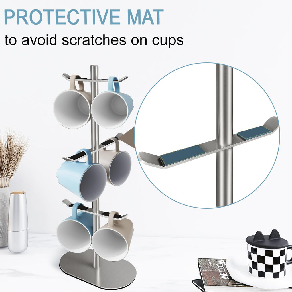 XEENEW Mug Holder Tree, Coffee Cup Holder with 6 Hooks, Coffee Mug Rack, Metal Mug Tree for Counter, Mug Holder Stand Coffee Mug Hanger(Brushed Nickel)