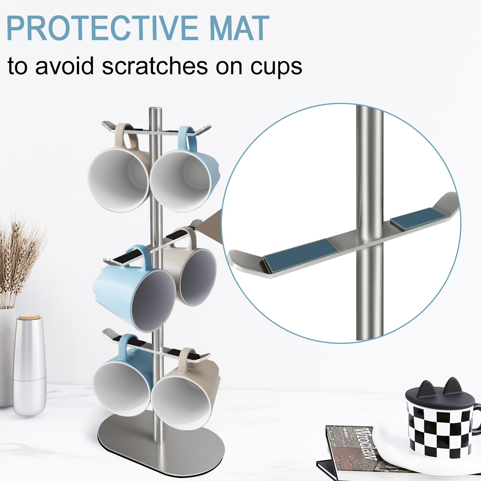 XEENEW Mug Holder Tree, Coffee Cup Holder with 6 Hooks, Coffee Mug Rack, Metal Mug Tree for Counter, Mug Holder Stand Coffee Mug Hanger(Brushed Nickel)