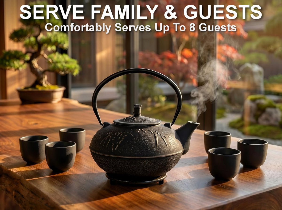 85 Oz XXL Black Bamboo Cast Iron Teapot, Enamel Interior, Infuser & Trivet