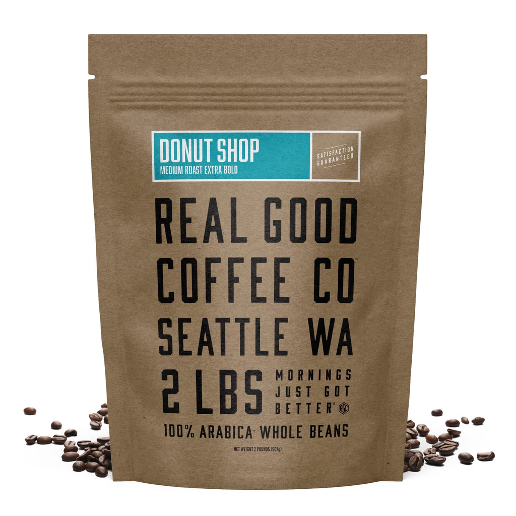 Real Good Coffee Company Donut Shop Medium Roast Whole Bean Coffee - Fresh Roasted Coffee Beans - Pairs with Donuts & Pastries - 32 Oz