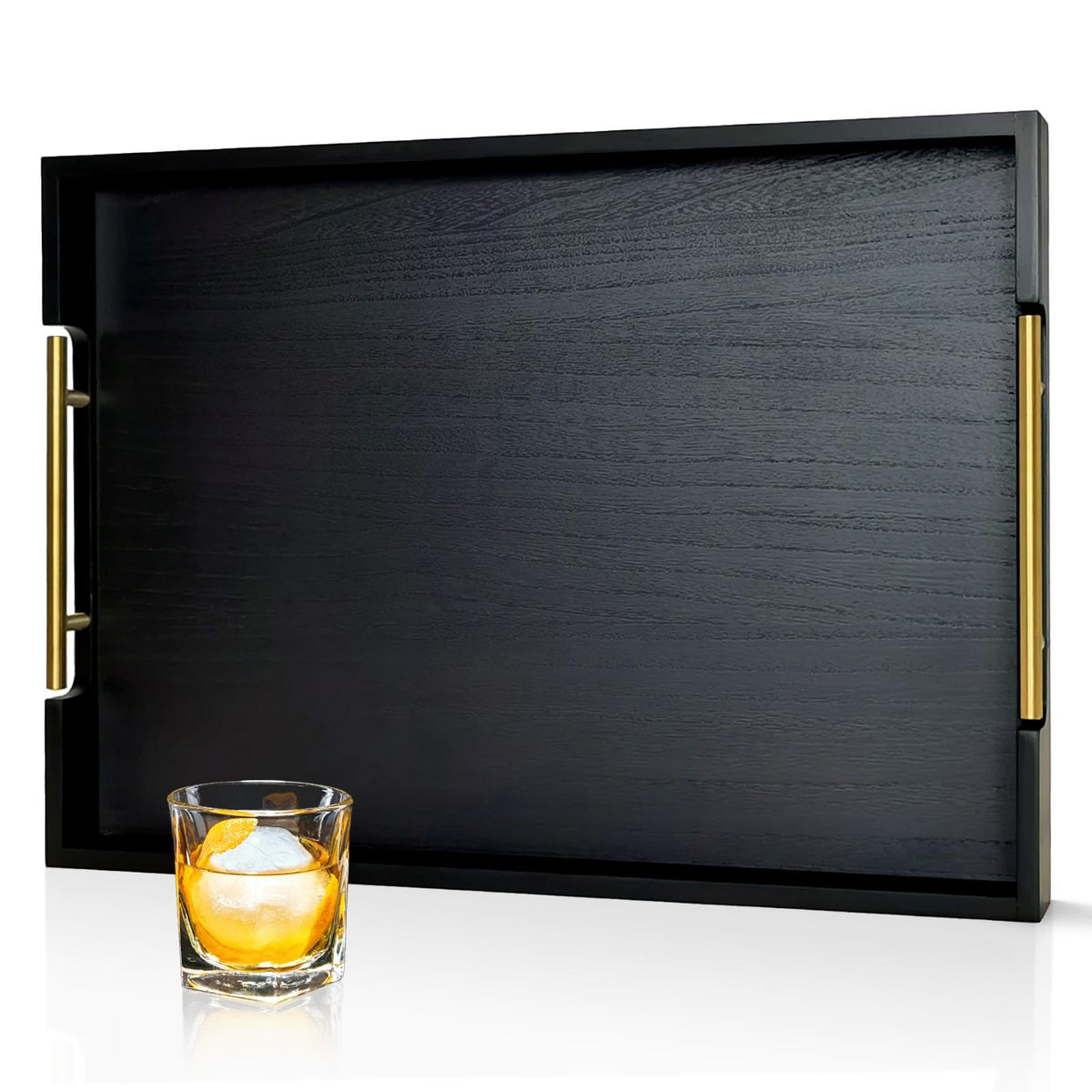 OurMiao 22 Inches Wooden Serving Tray with Handles, Black Ottoman Tray