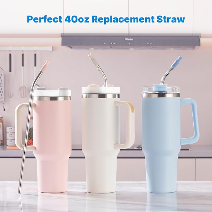 Repeatable Metal Straw with Silicone Tips for 40 oz Stanley Tumbler, 2 Pcs 40 oz Stainless Steel Straws Replacement for Stanley Tumbler, 1 Straw Brush, BPA Free（Black）